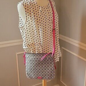 FOSSIL Black White Woven Diamond Pattern Contrast Pink Boho Y2K Crossbody Bag